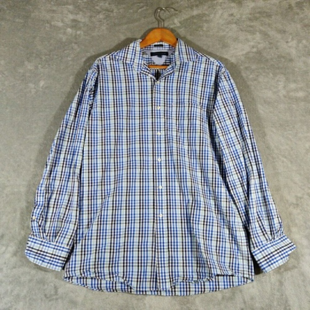 Tommy Hilfiger Shirt Mens 15.5 34-35 Blue Tartan Plaid Button Up Long Sleeve